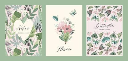 Vector butterflies and floral backgrounds. Templates for card, poster, flyer, cover, home decor and other use.