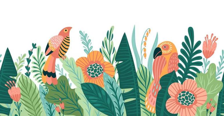 Abstract tropical illustration. Isolated seamless border for fabric, shop window, poster, cover, card, interior decor and other use