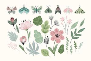 Set of abstract butterflies, moth, flowers and leaves. Clipart, isolated elements. Vector illustrations.