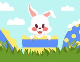 Portrait Of Cute Easter Rabbit In The Egg Shell Spring Vector Illustration In Flat Style