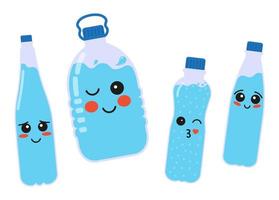 gracioso agua botellas con linda caras vector ilustración en plano estilo
