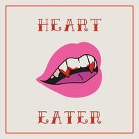 Valentines gift card anti love concept. Feminist poster. Girls mouth with blood and phrase Heart Eater. Pink tattoo style. Vector illustration.