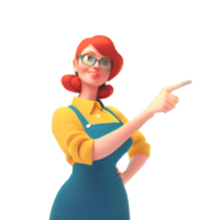 Smiling funny casual redhead girl in glasses wearing blue apron, yellow t-shirt showing you way, pointing her finger to empty copy space for advertising.  Cartoon 3D illustration character png