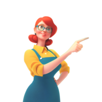 souriant marrant décontractée roux fille dans des lunettes portant bleu tablier, Jaune T-shirt montrant vous chemin, montrer du doigt sa doigt à vide copie espace pour publicité. dessin animé 3d illustration personnage png