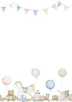 Template for greeting cards or invitations with Baby Toys. Watercolor seamless Pattern with rocking horse and garland on isolated background for postcards. Vertical childish frame in pastel colors vector