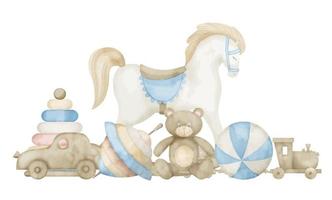 Watercolor illustration with Baby Toys in pastel blue and beige colors. Hand drawn illustration with Rocking Horse and Teddy bear on isolated background. Horizontal composition with car and train vector