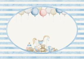 Template for Baby Shower greeting card with toys and balloons in pastel blue and beige colors. Hand drawn horizontal watercolor illustration for childish party invitations on white background vector