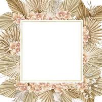 Floral Frame with dry Palm leaves and orchid Flowers in Boho style. Watercolor square tropical border. Hand drawn template for bohemian greeting cards or wedding invitations on isolate background vector