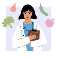 Dietitian or nutritionist. Female doctor in a medical coat with vegetables, fruits, food. Online service or platform for nutritionists. Online course. Nutrition recommendations. Flat illustration vector