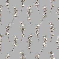 Seamless repeating pattern with cotton branches on a gray background, floral motif. Hand drawn cotton plant. Bohemian patterns. Vector