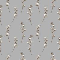 Seamless repeating pattern with cotton branches on a gray background, floral motif. Hand drawn cotton plant. Bohemian patterns. Vector