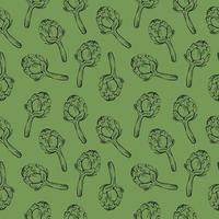 Seamless repeating pattern with artichokes on a green background. Floral ornament with green vegetable buds. Artichoke illustration hand drawn. Vector