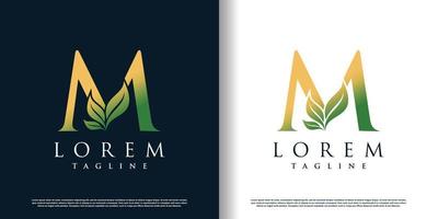 initial m logo design template with leaf icon and creative concept premium vector