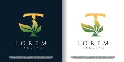 initial t logo design template with leaf icon and creative concept premium vector