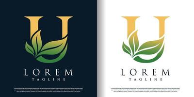 initial u logo design template with leaf icon and creative concept premium vector