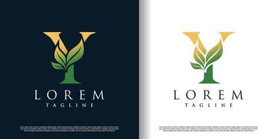 initial y logo design template with leaf icon and creative concept premium vector