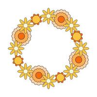 Retro style flowers round frame. Hippie flowers. Vector decorative border.
