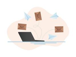 Closed envelopes and planes flying from the laptop in different directions. vector