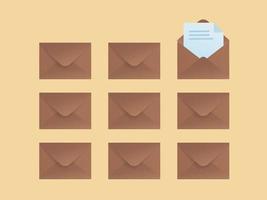 Layout of brown envelopes with one opened envelope and a sheet of paper in it. vector