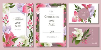 Vector template for wedding invitation. Round gold frame, peony flowers, Bougainvillea flower branches, berries, green leaves and plants.