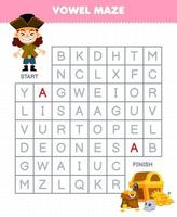 Education game for children vowel maze help cute cartoon boy move to treasure chest printable pirate worksheet vector