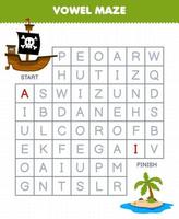 Education game for children vowel maze help cute cartoon ship move to island printable pirate worksheet vector