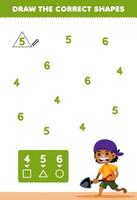 Education game for children help cute cartoon boy with shovel draw the correct shapes according to the number printable pirate worksheet vector