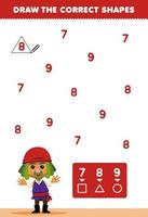 Education game for children help cute cartoon man with bandana draw the correct shapes according to the number printable pirate worksheet vector