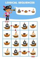 Education game for children logical sequence help boy sort ship from start to finish printable pirate worksheet vector