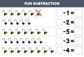 Education game for children fun subtraction by counting cute cartoon hook in each row and eliminating it printable pirate worksheet vector