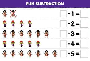 Education game for children fun subtraction by counting cute cartoon man character in each row and eliminating it printable pirate worksheet vector