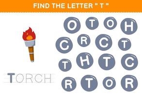 Education game for children find the letter T with cute cartoon torch printable pirate worksheet vector