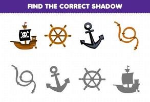 Education game for children find the correct shadow set of cute cartoon ship wheel anchor and rope printable pirate worksheet vector