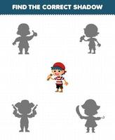 Education game for children find the correct shadow set of cute cartoon boy character printable pirate worksheet vector