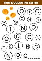 Education game for children find and color letter C for coin printable pirate worksheet vector