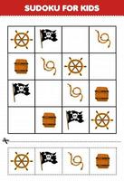 educación juego para niños sudoku para niños con linda dibujos animados rueda bandera cuerda barril imprimible pirata hoja de cálculo vector