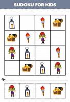 Education game for children sudoku for kids with cute cartoon man lantern torch treasure chest printable pirate worksheet vector