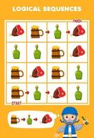 Education game for children logical sequence help old man sort mug bottle and meat from start to finish printable pirate worksheet vector