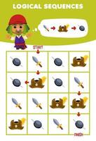 Education game for children logical sequence help man sort sword hat and eye patch from start to finish printable pirate worksheet vector