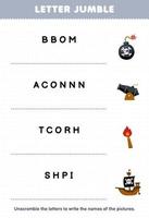 Education game for children letter jumble write the correct name for cute cartoon boom cannon torch ship printable pirate worksheet vector