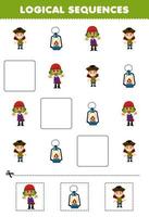 Education game for children logical sequences for kids with cute cartoon boy man and lantern printable pirate worksheet vector