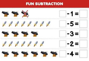 Education game for children fun subtraction by counting cute cartoon cannon and sword in each row and eliminating it printable pirate worksheet vector