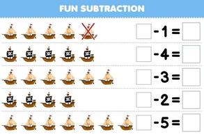 Education game for children fun subtraction by counting cute cartoon ship in each row and eliminating it printable pirate worksheet vector