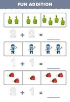 Education game for children fun addition by counting and tracing the number of cute cartoon old man bottle and meat printable pirate worksheet vector