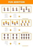 Education game for children fun addition by counting and tracing the number of cute cartoon man and mermaid character printable pirate worksheet vector