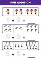 Education game for children fun addition by counting and tracing the number of cute cartoon boy pickaxe and shovel printable pirate worksheet vector