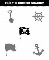 Education game for children find the correct shadow set of cute cartoon flag printable pirate worksheet vector