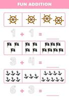 Education game for children fun addition by counting and tracing the number of cute cartoon wheel flag and anchor printable pirate worksheet vector