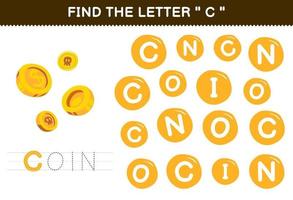 Education game for children find the letter C with cute cartoon gold coin printable pirate worksheet vector