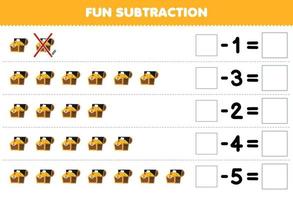 Education game for children fun subtraction by counting cute cartoon treasure chest in each row and eliminating it printable pirate worksheet vector